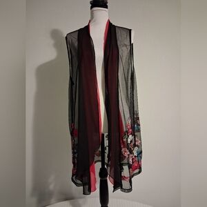 Sheer Black Floral Embroidered Vest Size Med